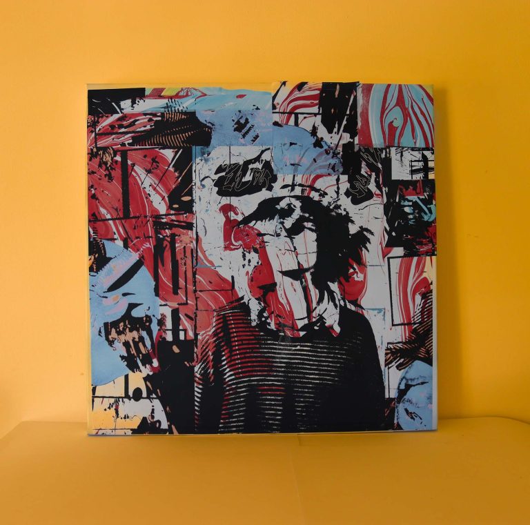 Mixed-media collage portrait with abstract red, blue, and black textures layered over collaged figure, creating a fragmented composition to visualise movement, distortion, and musical atmosphere.