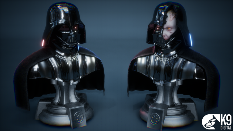 3D character art, by Brad Taleshi. Showcasing 2 busts of Darth Vader, from the Star Wars franchise. As part of an external art project for K9 Digital.