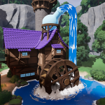 Beauty render of my final major project, showing the exterior of a stylised magic shop, and its surrounding nature landscape.