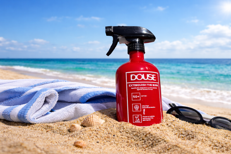 Sun cream bottle inspired by a fire extinguisher, sat on the beach