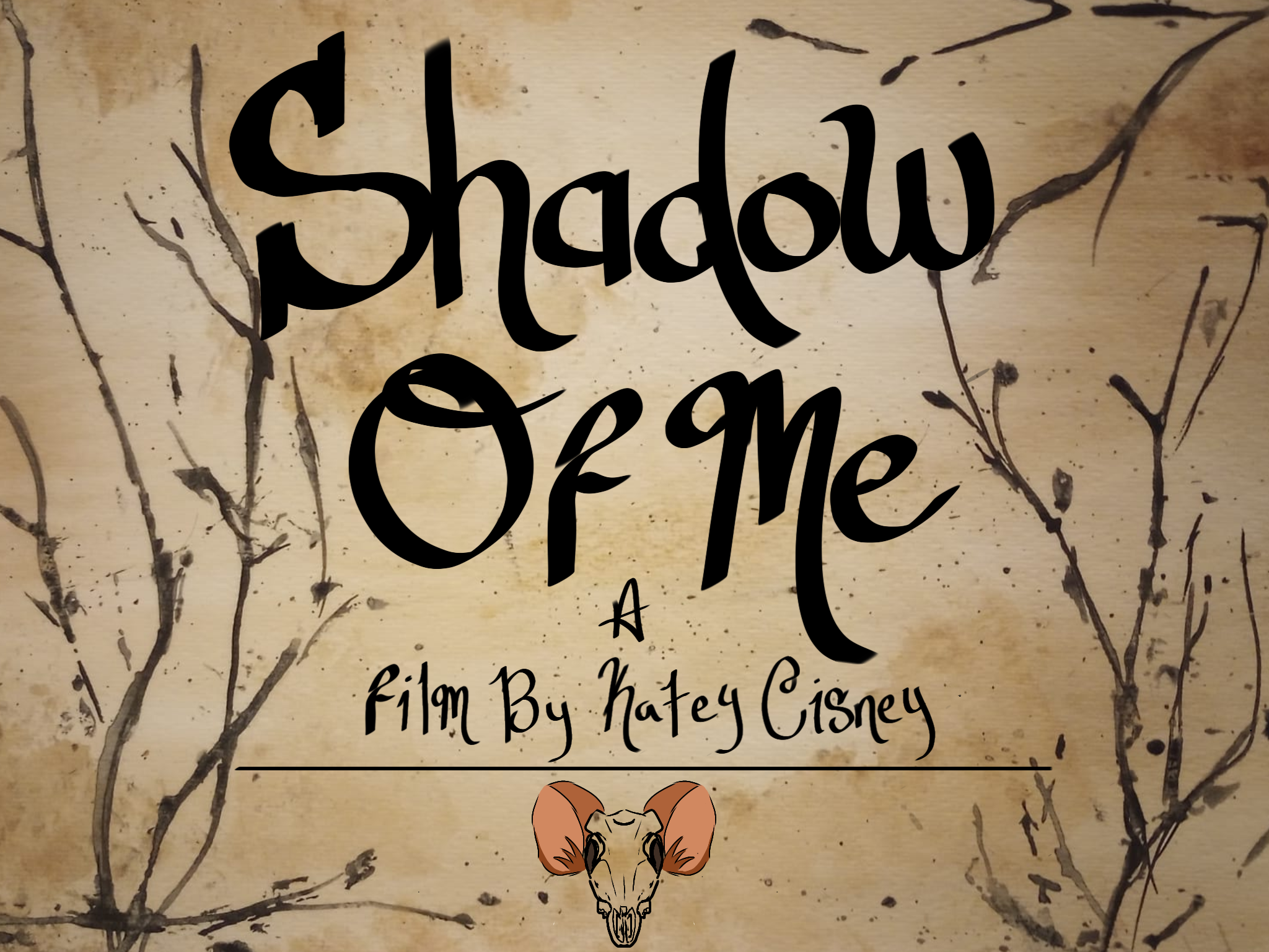 A fieldmouse being haunted by her shadowy anxiety monster depicted as a deer wearing a skull mask