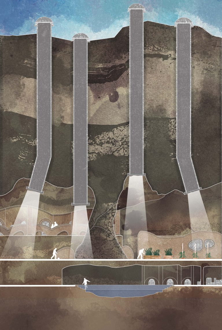 Section displaying the layers of the community and how natural light pierces through the earth to illuminate the underground by Janina Rundberg