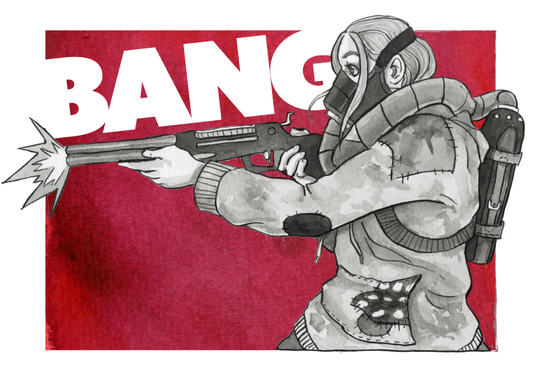 BA Illustration work by Pippa Simpson showing a graphic novel panel of a girl with a shotgun in red and greyscale ink