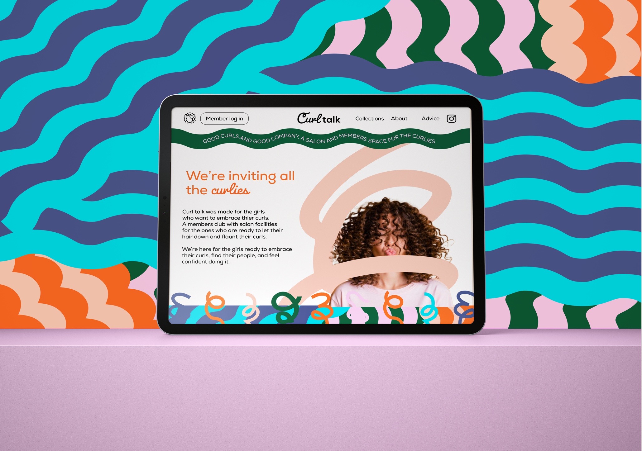 Colourful website mockup for Curl Talk, featuring bold wave patterns, playful typography and a salon members’ club homepage celebrating natural curls, confidence and community through vibrant digital branding.