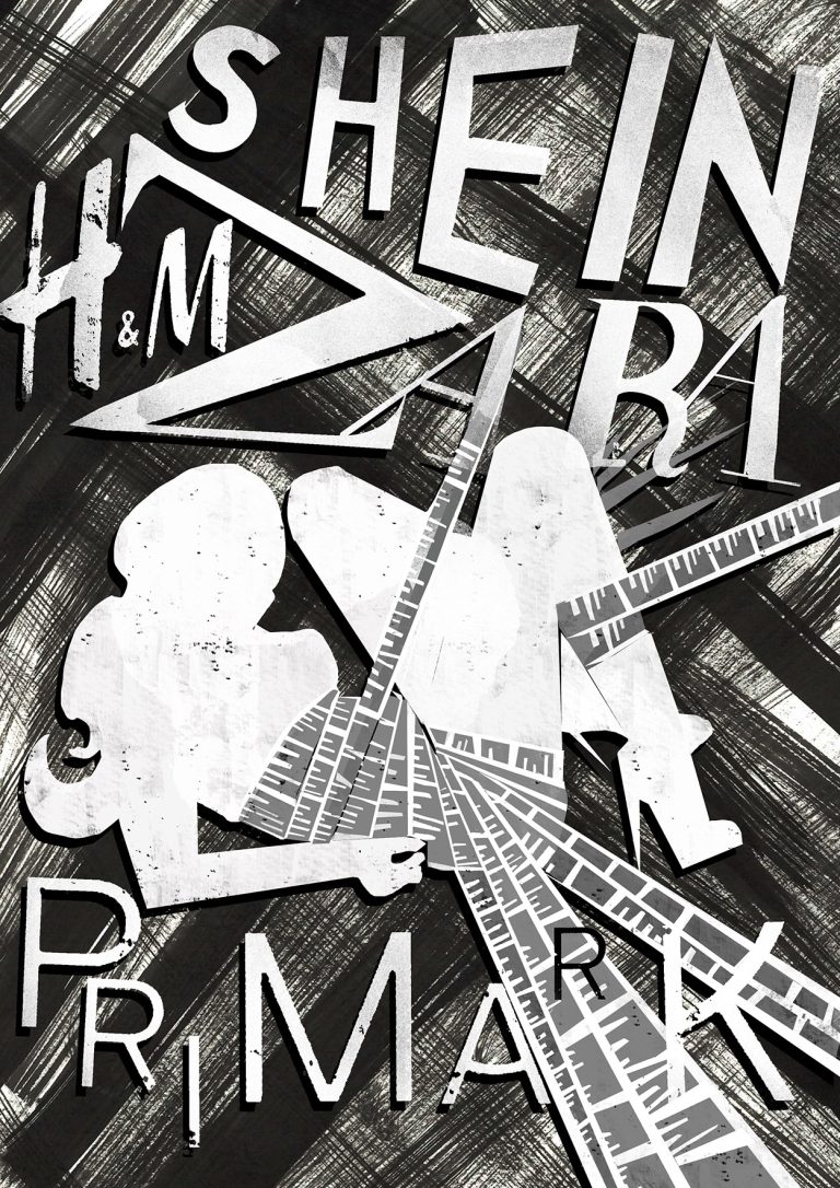 BA Illustration work by Aida Solomon, front cover design includes black mark-making background with a white silhouette of a woman surrounded by harmful fast-fashion brand names: H&M, Shein, Zara, Primark.