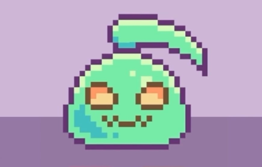 A green little slime pet gets fed red goo and plays with a yellow ball.