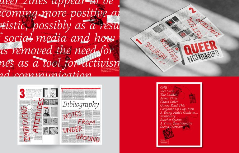 A collage showing a newspaper design about queer zines. The design features large typography and uses a bright red for emphasis.