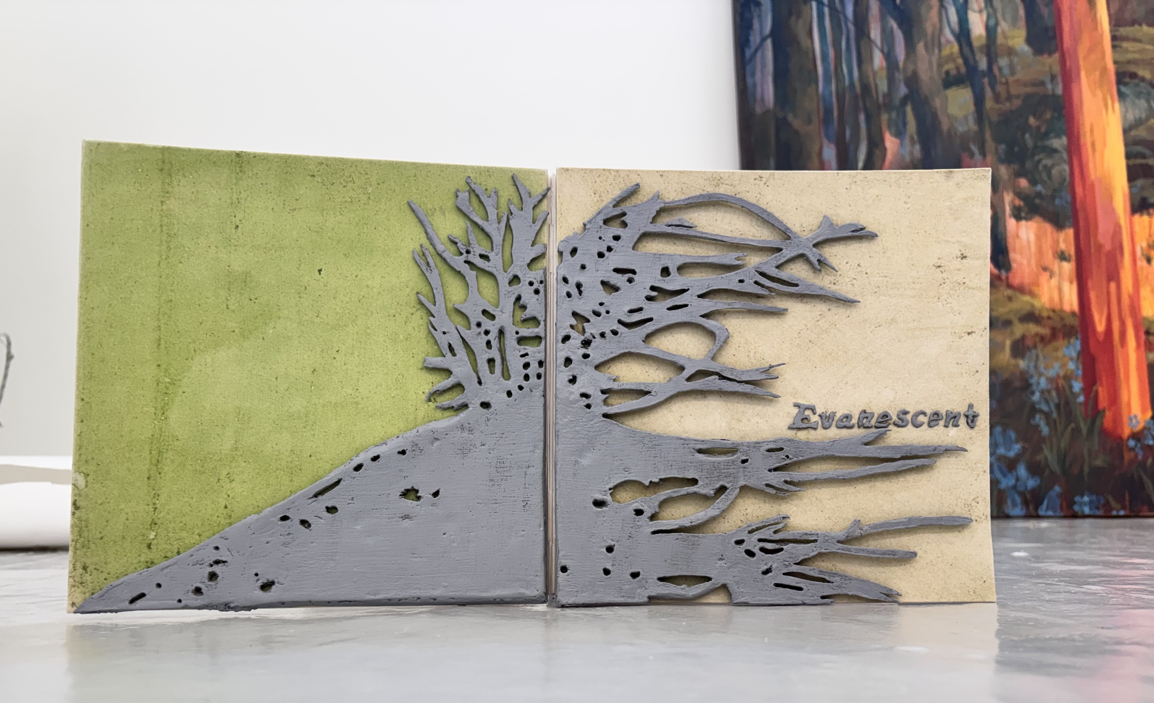 A handmade Art book with drawings in charcoal,ink and images created with green anthotype solution. Images are accompanied by prose relating to the processes used on each work.