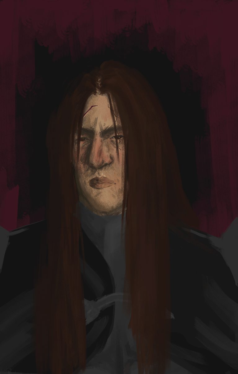 Digital oil paint by Jesse Noah Byrne, showing a strong figure staring into the distance. Dark black attire and armour with long brown hair.