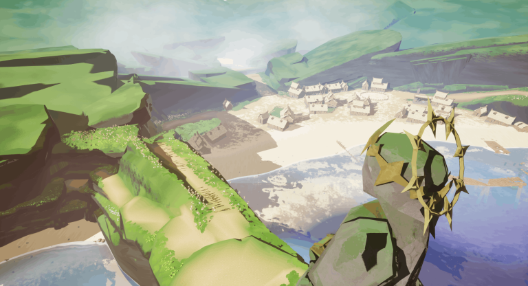 The top of a mossy statue looks over a ruined town on a sandy beach. Green hills sprawl behind the town with lots of pink flowers.