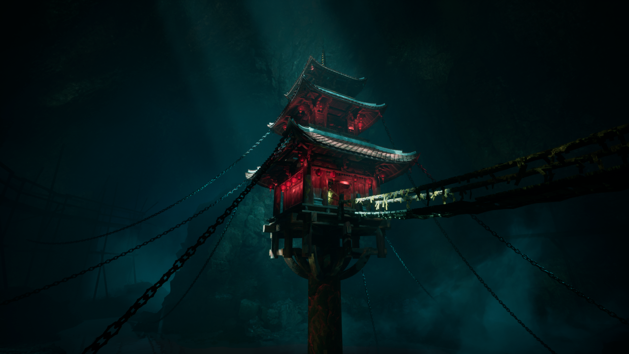 Concept art by Tu Nguyen depicting a detailed 3D environment of a Vietnamese-inspired inner sanctum, featuring traditional Ly Dynasty architecture, atmospheric lighting, and a bridge leading to a central shrine, built in Unreal Engine 5.