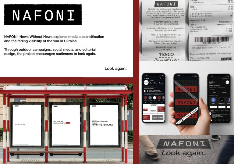 Campaign visuals featuring monochrome posters, social media mockups, and environmental typography using black, white, and red graphics to address fading media attention toward the war in Ukraine.