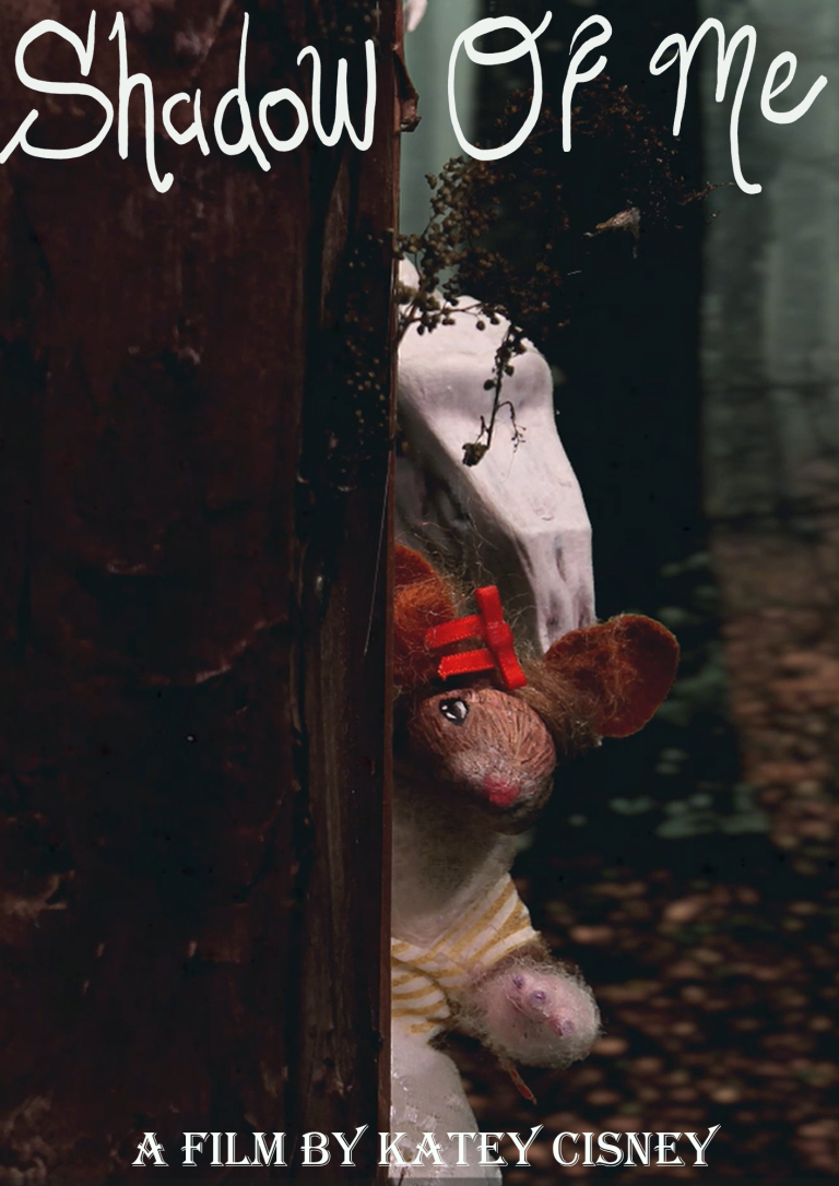 Fieldmouse standing behind a stump with a deer wearing a skull lurking behind her