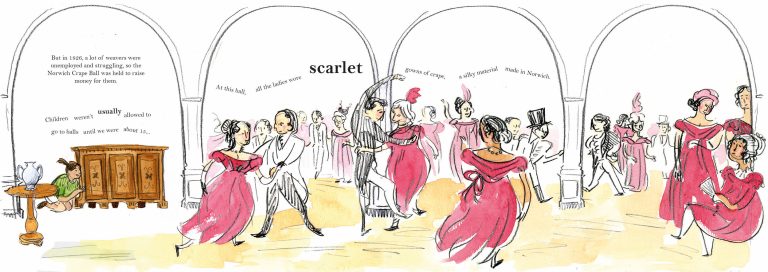 A double page spread from the children’s book ‘Sew What?’ by Yve Ward, depicting a charity ball in 1826. People are dancing and all the women are wearing red dresses.