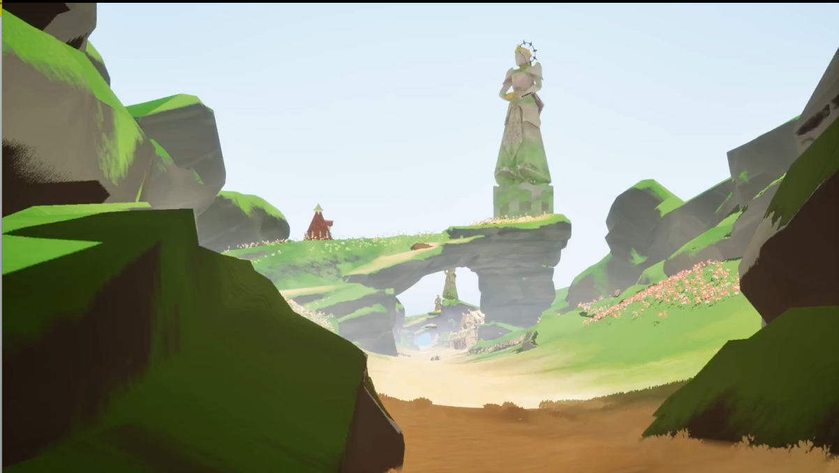 A video looping down a grassy path, displaying a statue, old wooden houses, and a large Tudor House