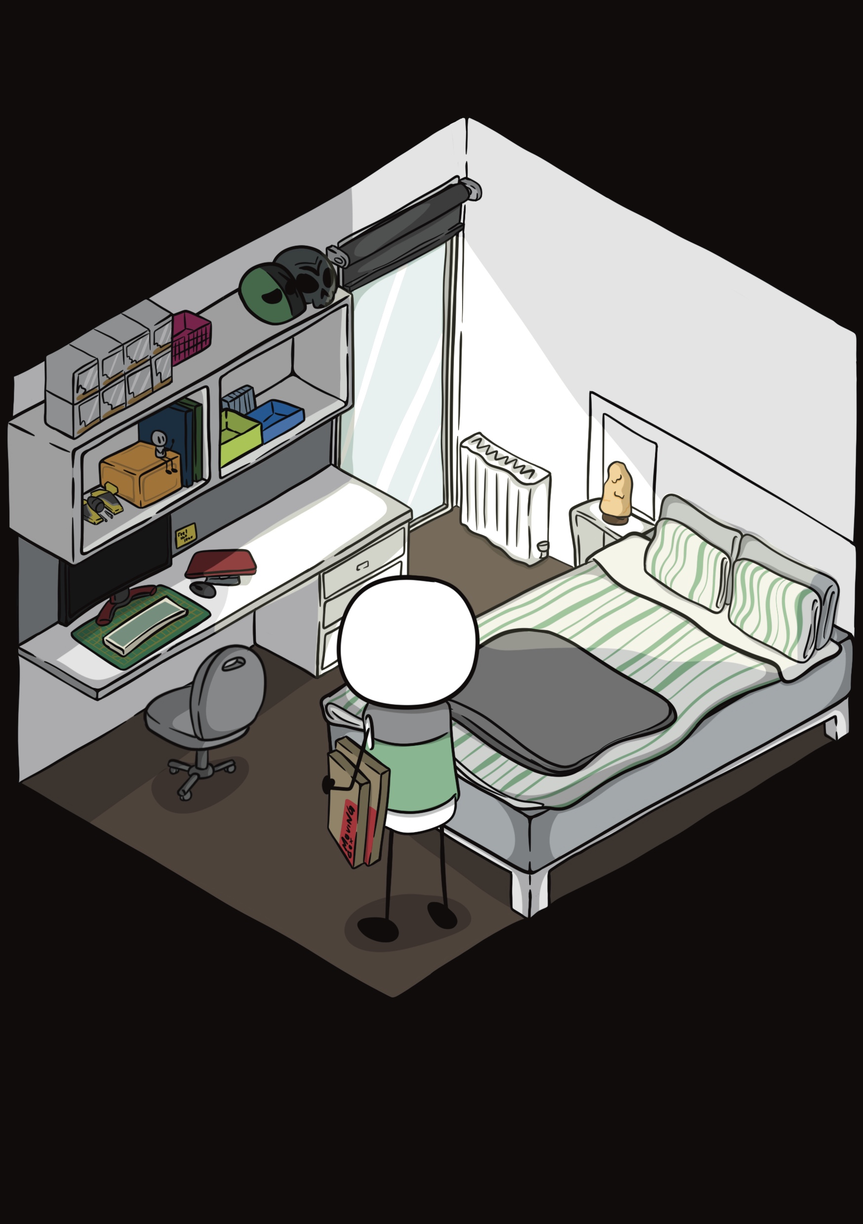 8 Images, sequentially telling the story of moving out, the room gets barer and the items gradually turn into more and more boxes, lighting changes, depicting the movement of time.