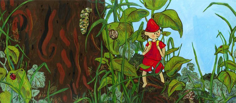 Ba illustration work for Illustration student Heather Bentley’s picture book, featuring character Little Rik standing at the base of a tree.