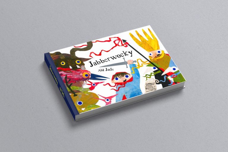 BA illustration work by Abi Jade showing a colourful collaged front cover of a children’s book titled “jabberwocky”
