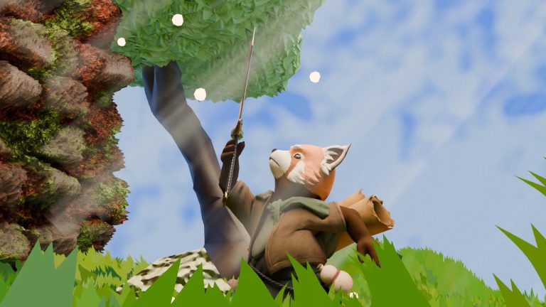 Single frame piece showing a Red Panda Character pulling a sword from a stone, surrounded by floating lights and blue skies.