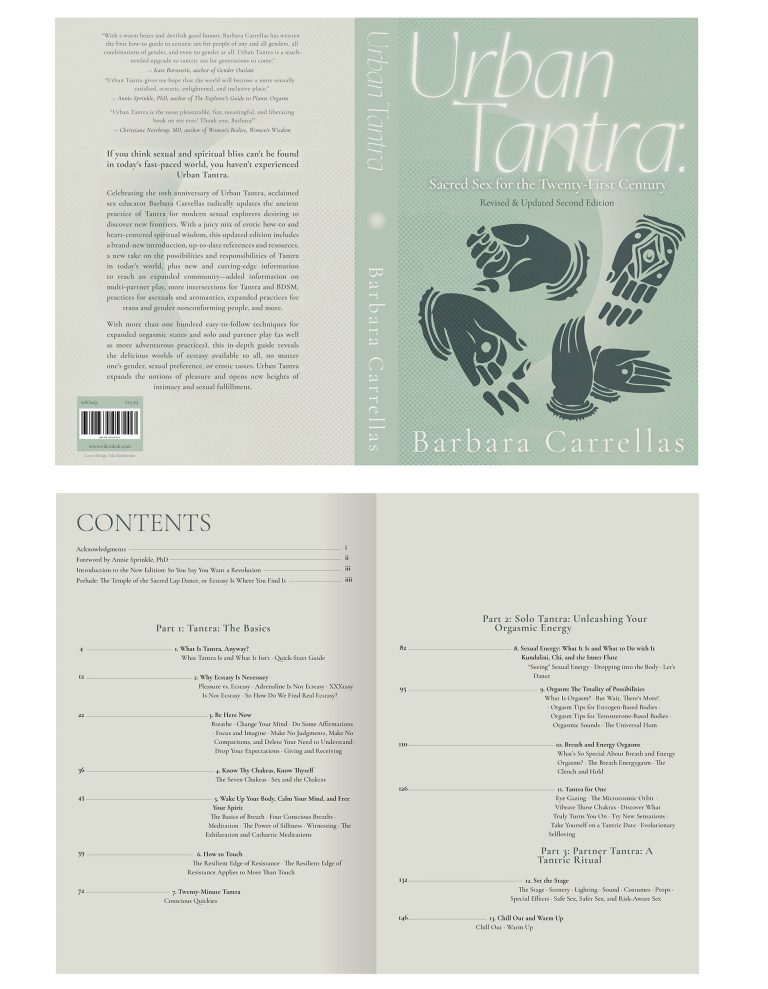Book cover redesign of Urban Tantra by Barbara Carrellas, featuring a muted green palette, symbolic hand motifs, and minimalist editorial typography