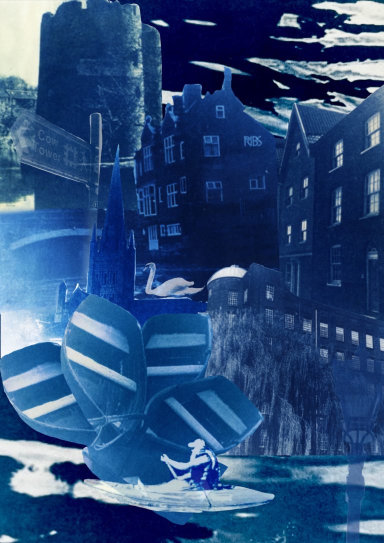 BA Illustration work by Mia Endacott, showing a blue digitally collaged print.