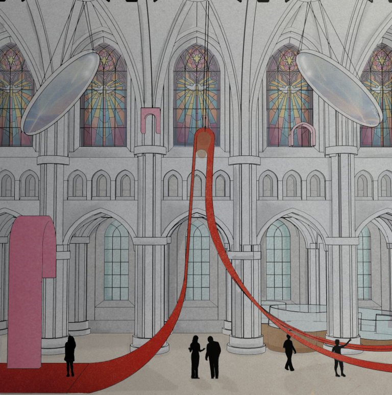 Interior installation with suspended fabric and mirrors inside a cathedral, reflecting arches and light.