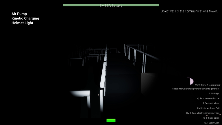 A first-person view of a dimly lit, claustrophobic sci-fi corridor inside an asteroid facility, capturing the game's tense survival horror atmosphere.
