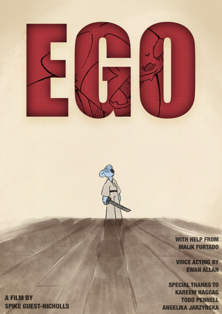 A blue koala stands on a wooden floor. He is dressed in all white and holds a black wooden sword. He looks up, above him sits the title in bold red - EGO.