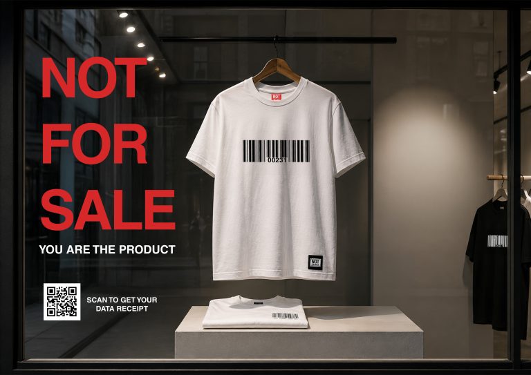 Retail installation featuring branded product displays and graphic design elements exploring the commodification of personal data.
