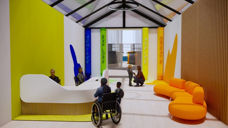 BA Interior Design work by Mariana Fernandes showing the Reception of The Bright Futures Primary School