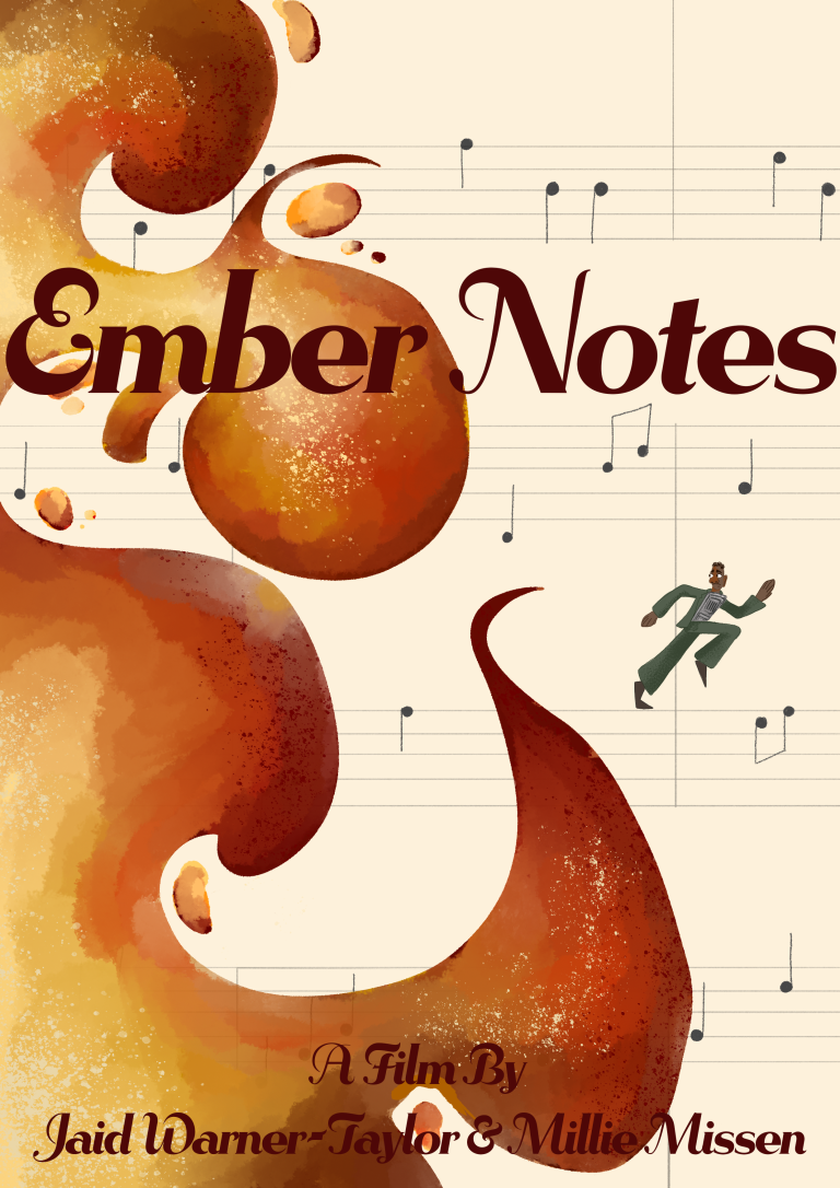 a film poster that consists of our leading protagonist running on sheet music from a blaze of flames.