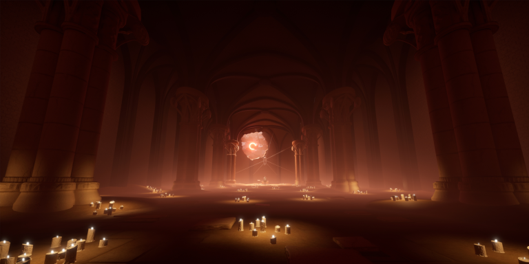 Ancient gothic-style cathedral scene built into a tomb. Towering sandstone and limestone pillars, with a dark red sky from a blotted out sun.