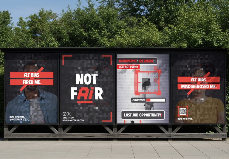 BA Graphic Communications work by Emily Morrison showing four posters with digital glitches.
