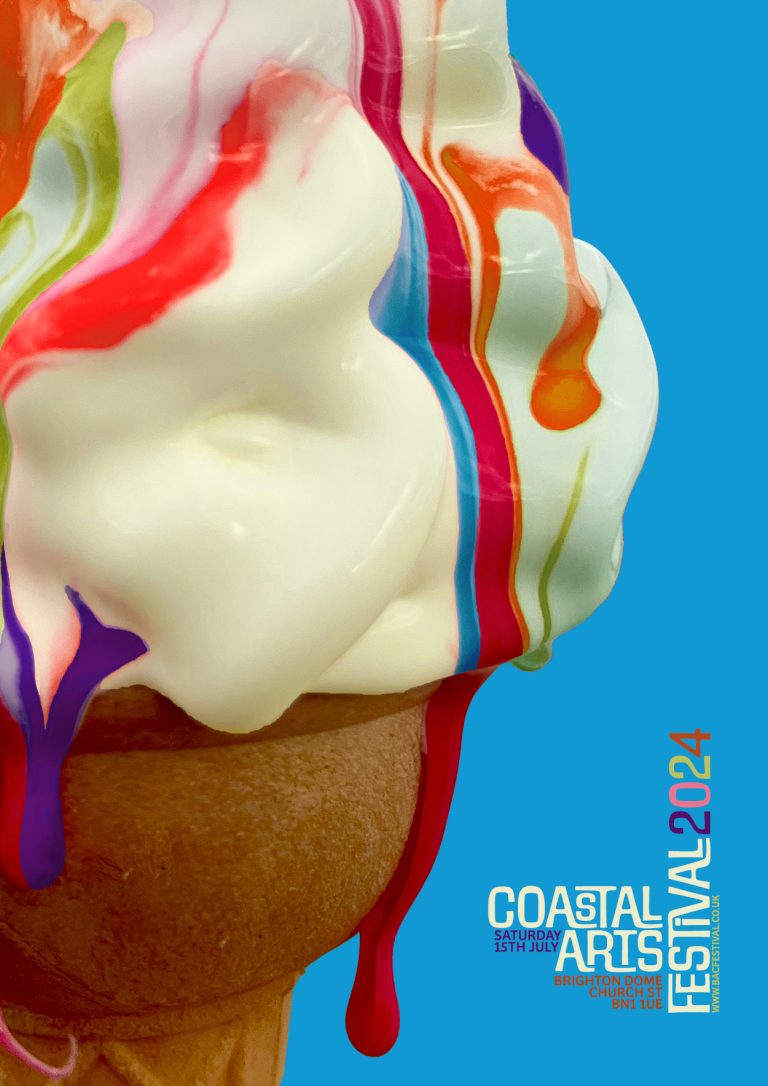 Coastal Arts Festival Poster by Daisy Marks showing an ice cream with paint dripping down like sauce.