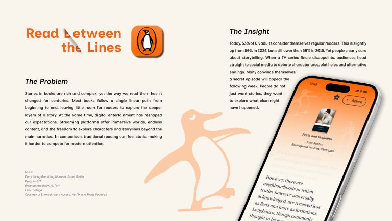 UX case study by Clara Barton showing an interactive reading app with variable font technology, hidden story paths and alternate narrative features for Penguin Books.