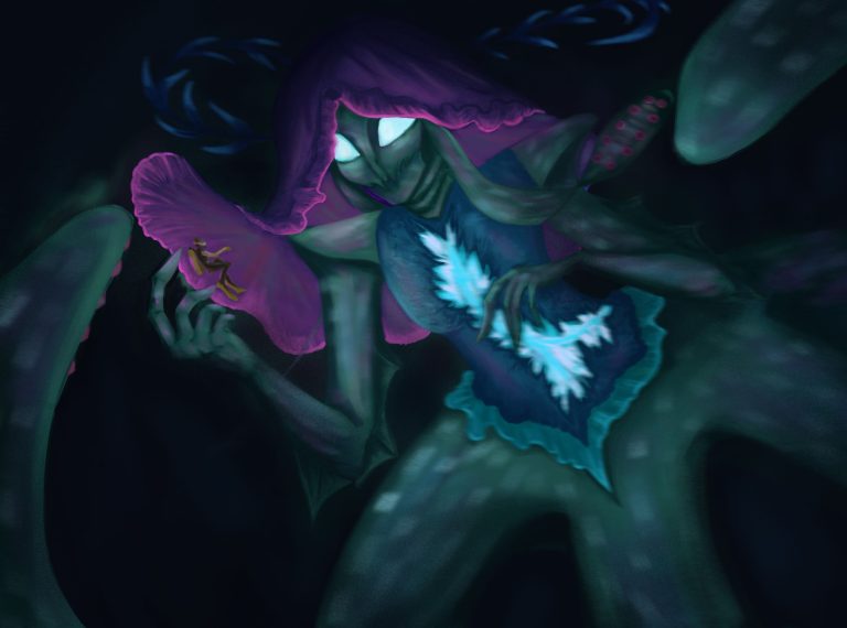 An Illustration by Robin Gnieciak showing a colossal female squid approaching a diver deep in the sea.