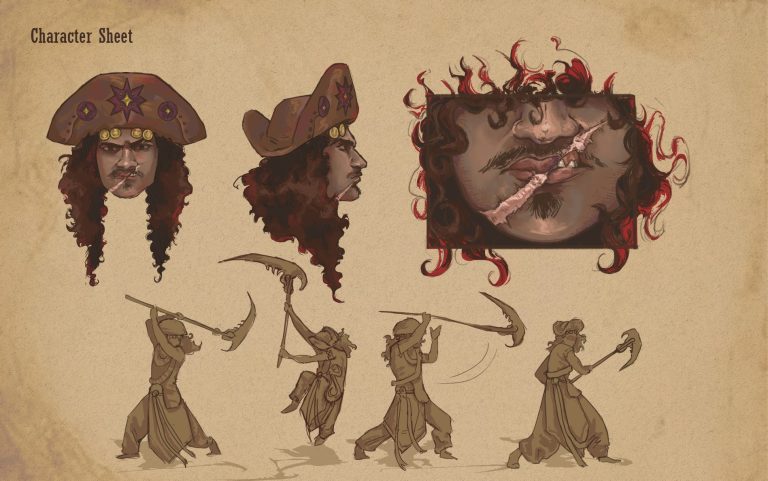Character sheet by Caine Carreira showing a semi-realistic design of a cowboy facing front and side profile as well as a close up to a scar across the lip. Underneath shows 4 variants of fighting poses of the character wielding a scythe