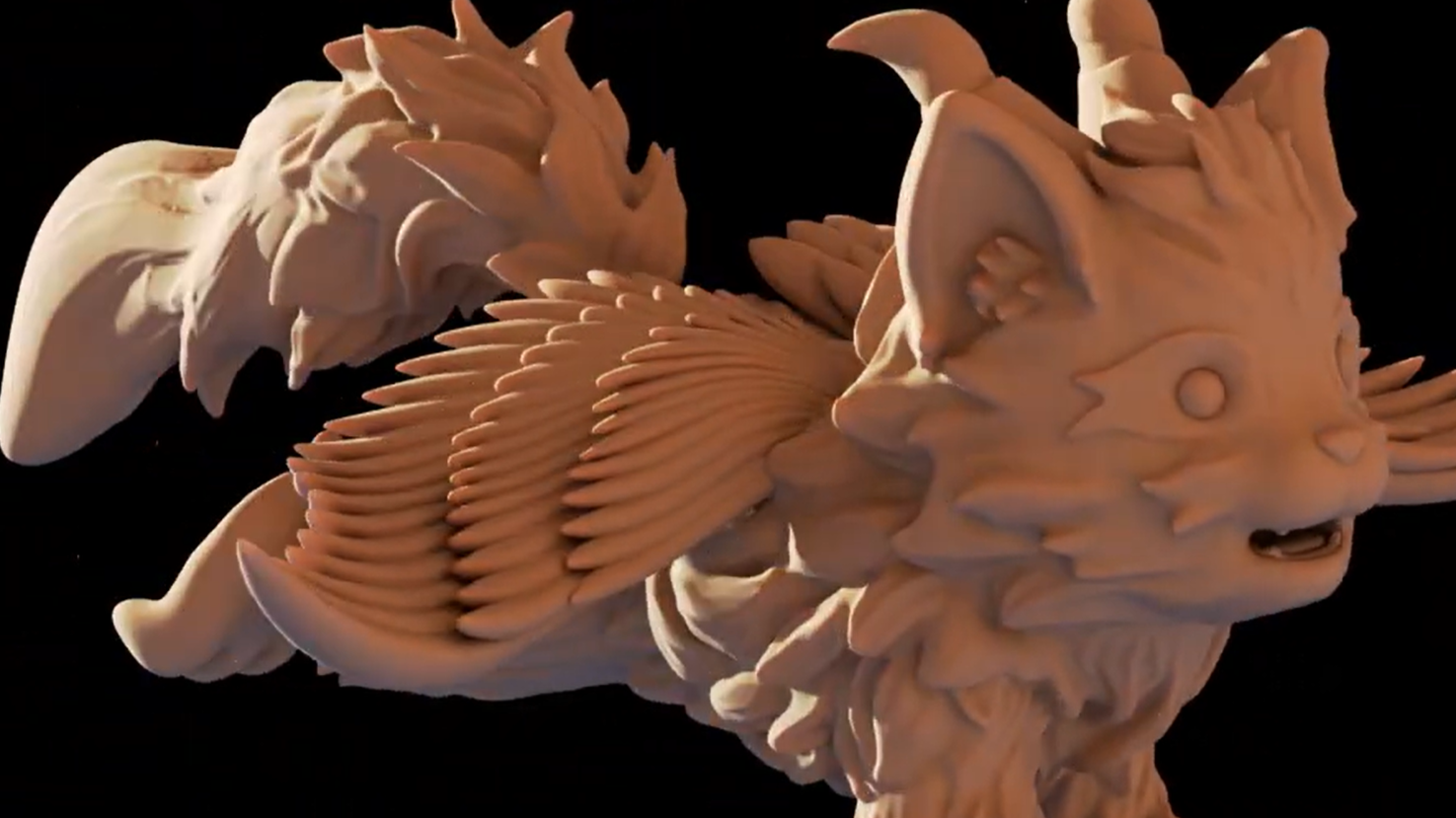 A 3D model work by Emily Chan showing a young wolf like creature with wings, horns and bird claws.
