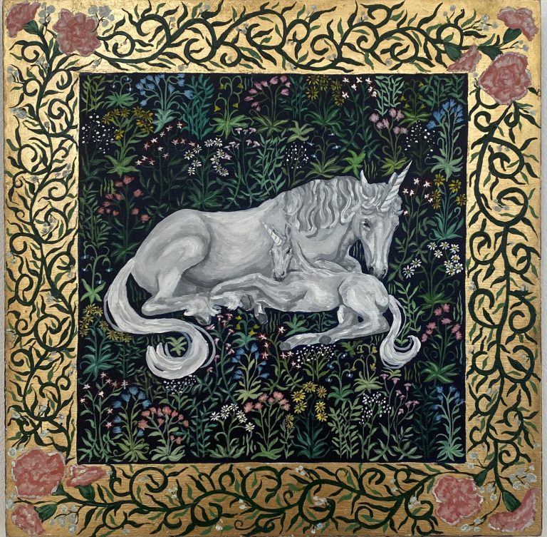 BA Fine Art work by Charlotte Dickinson showing a painting with white unicorns in a field of colourful flowers with decorative gold leaf borders.