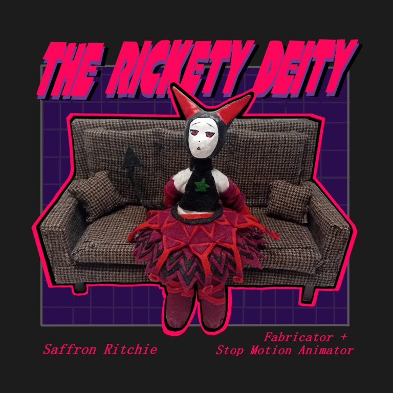 BA Animation: Work by Saffron Ritchie shows a character with devil like features and an ornate dress sitting on a dogtooth patterned sofa