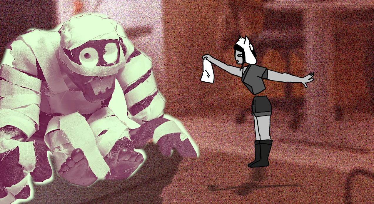 BA Animation: Work by Saffron Ritchie showing a short film depicting. An 2d abstract character going through multiple vibrant locations meeting different type of people from a stop motion monster, a plushie and a human wizard, asking if they know where abouts of an item.
