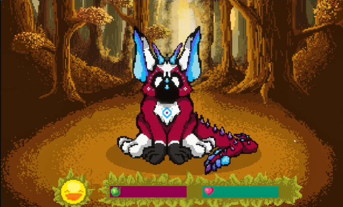 Pixel Art virtual pet game showing a red, white and black dragon that is being looked after by the player.