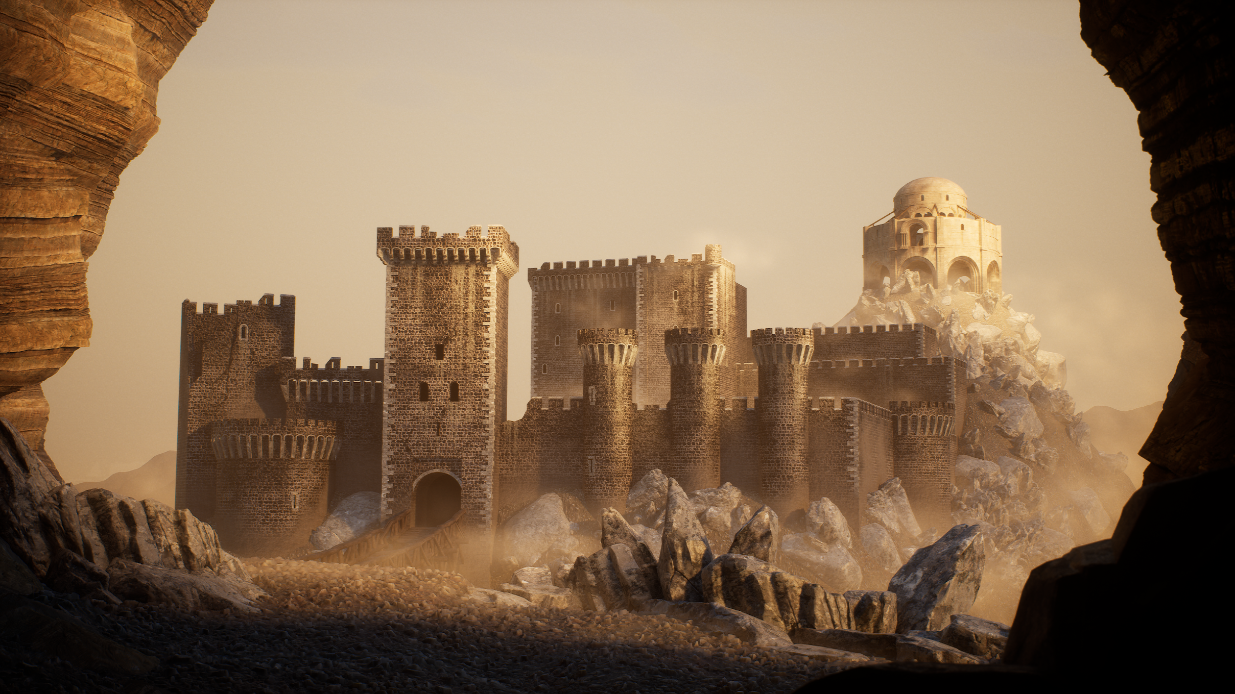 BA Games Art and Design work of a medieval castle in the misty mountains of Annwfyn, the welsh otherworld