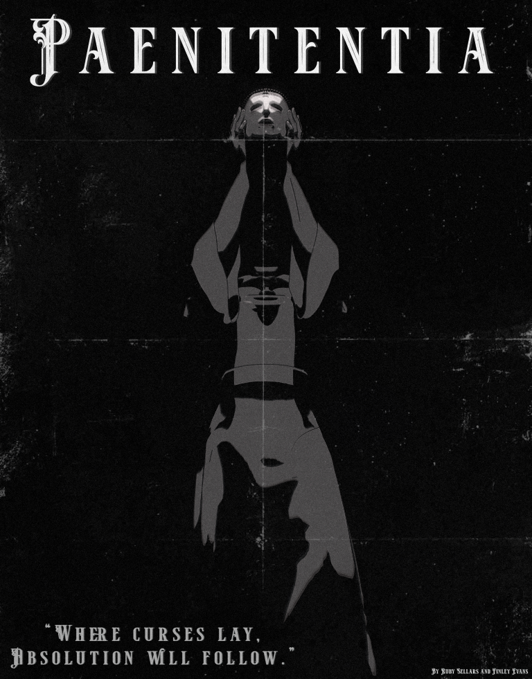 A poster by Finley Evans and Ruby Sellars depicting a statue of a women holding her own head above her shoulders.