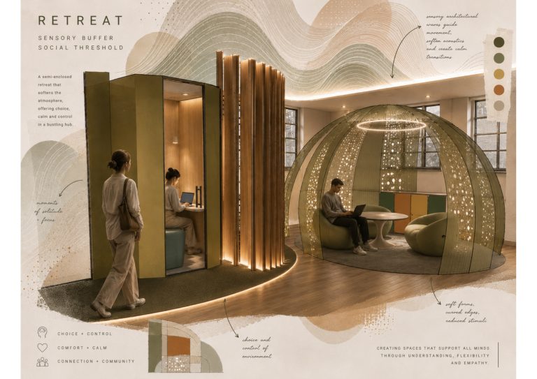 Interior design visual showing curved retreat pods, warm lighting, architectural screening and people using calm, semi-private spaces within a community hub environment.
