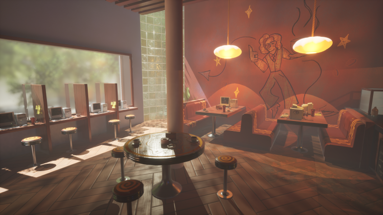 A warm cafe interior in digital 3D by Lucy Lawrence.