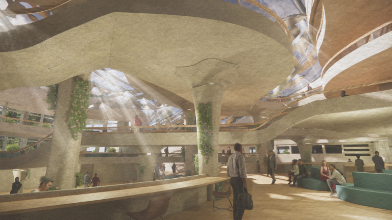 A visual of the ground floor viewing the halls design from the gro