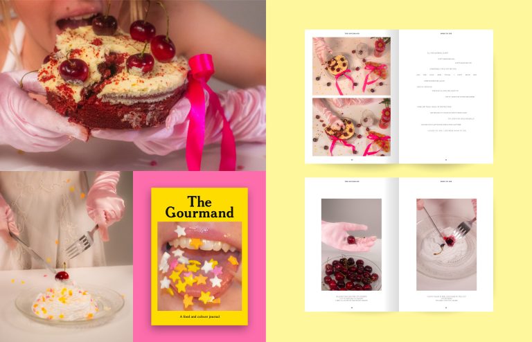 BA Design For Publishing design by Esme Owen. Magazine spreads and photographs with cake.
