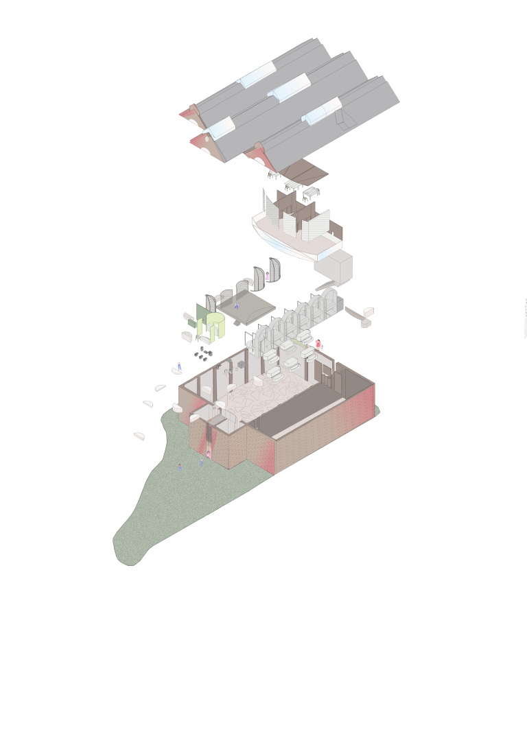 Rendered Exploded Axonometric Drawing showing Trowse Pumping Station Engine Room design features