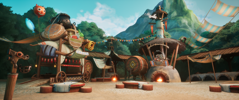 Game environment scene created by Kit Clarke depicting a fantasy food court
